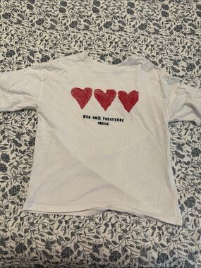 Zara White Tee with Three Red Hearts
